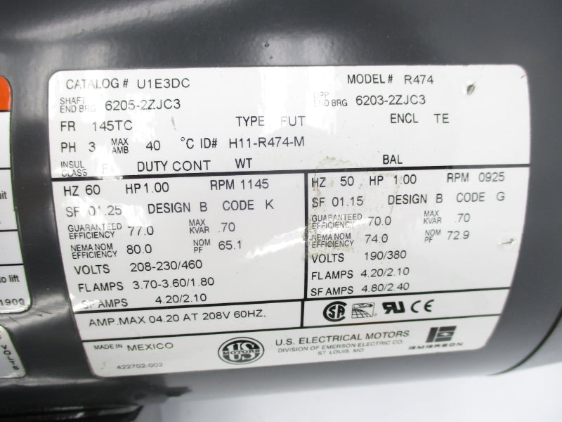 US MOTORS U1E3DC R474 208-230/460V 3.7-3.6/1.8A NSMP