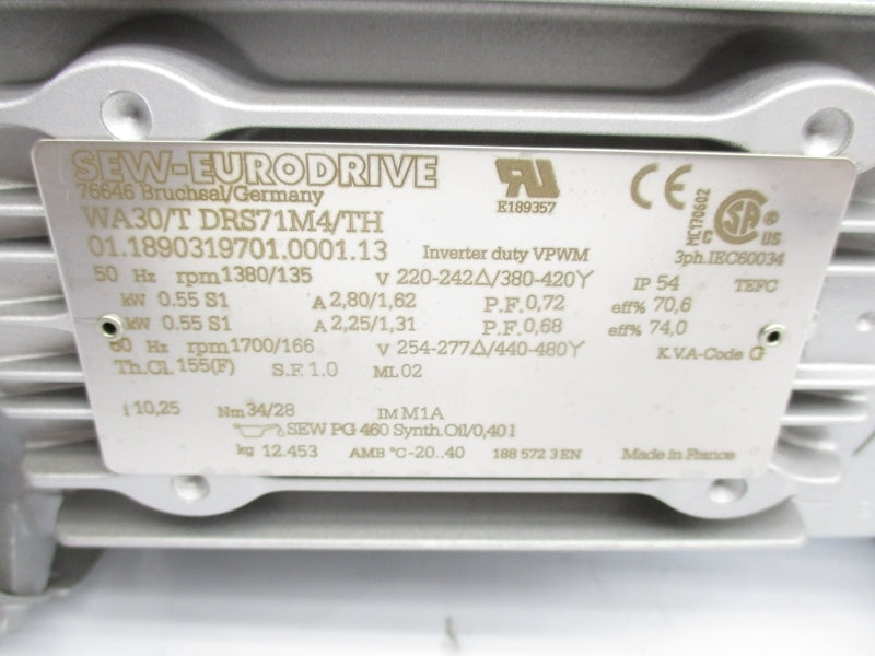 SEW EURODRIVE WA30/T DRS71M4/TH 220-242/380-420V 2.8/1.62A NSNP