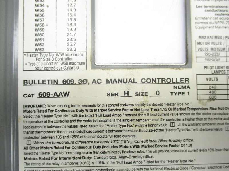 ALLEN BRADLEY 609-AAW SER. H UNMP