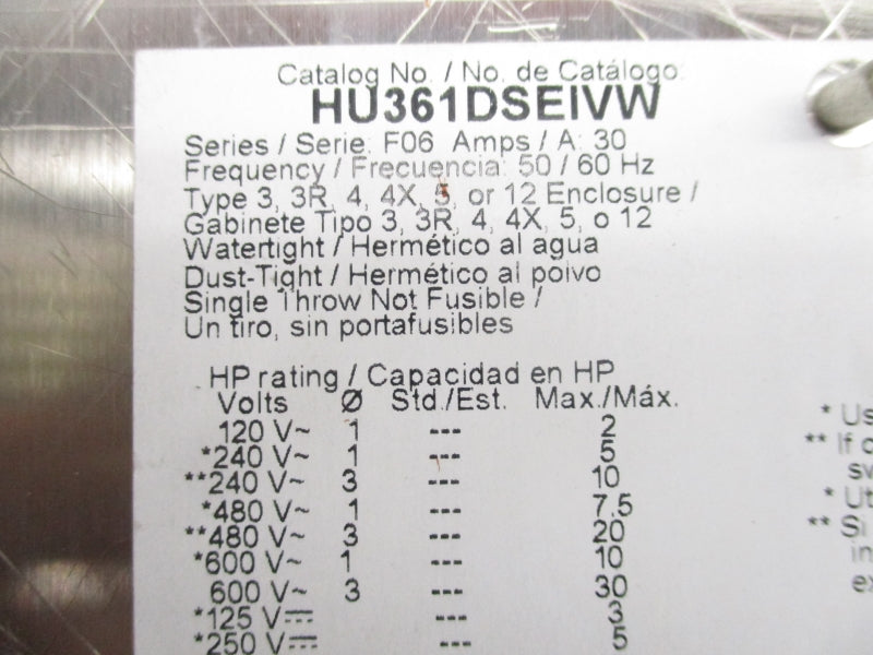 SQUARE D HU361DSEIVW SER. F06 600V 30A NSNP