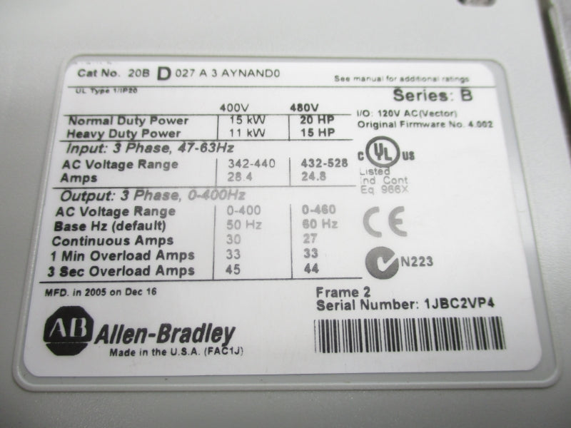 ALLEN BRADLEY 20BD027A3AYNAND0 SER. B F/W 4.002 432-528VAC 24.8A NSMP