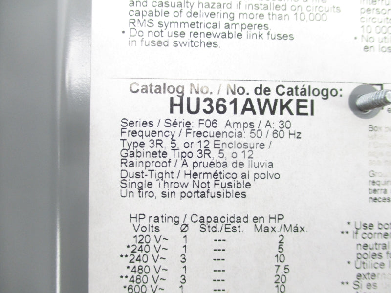 SQUARE D HU361AWKEI SER. F06 600V 30A NSMP