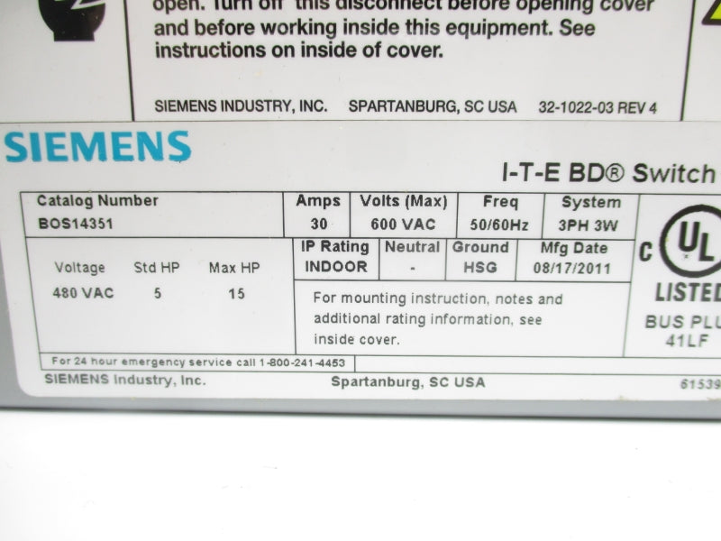 SIEMENS BOS14351 600VAC 30A (AS PICTURED) NSMP