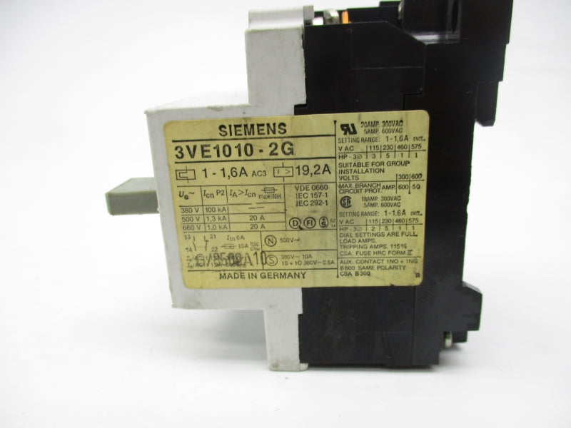 SIEMENS 3VE1010-2G 600VAC 1-1.6A UNMP