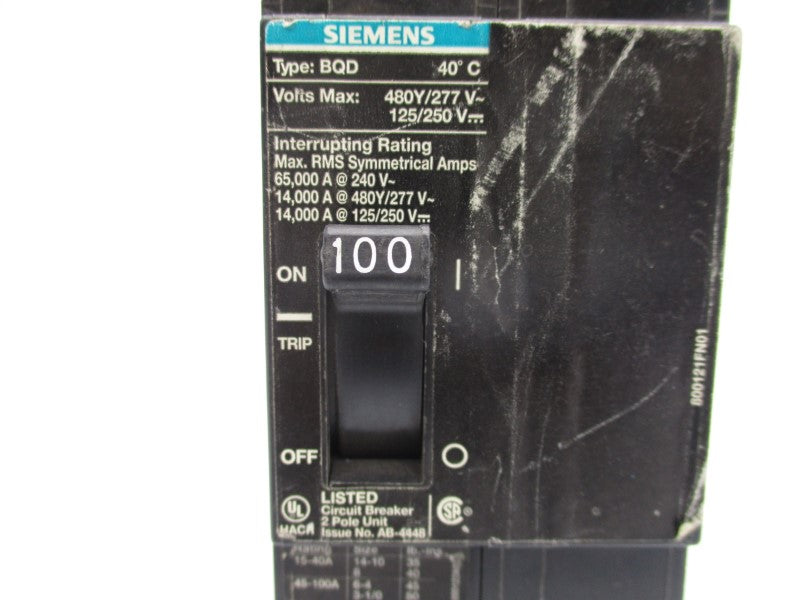 SIEMENS BQD2100 480/277V 100A UNMP