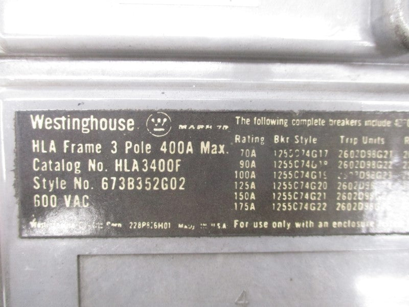 WESTINGHOUSE HLA3225 600VAC 225A UNMP
