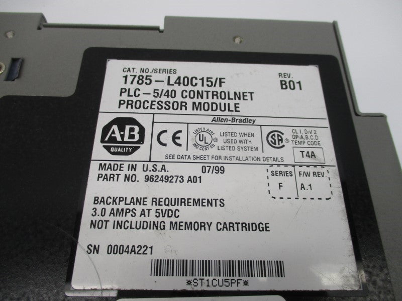 ALLEN BRADLEY 1785-L40C15 SER. F F/W A.1 5VDC 3A UNMP