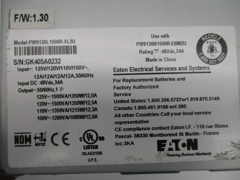EATON PW9130L1500R-XL2U 125V NSNP