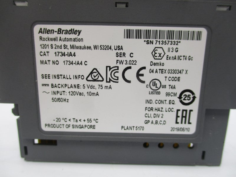 ALLEN BRADLEY 1734-IA4 SER. C F/W 3.022 120VAC UNMP