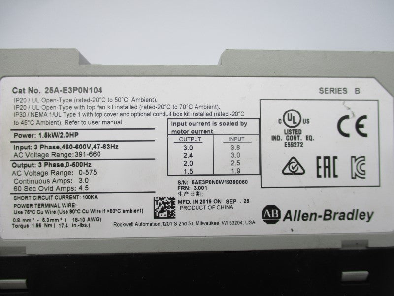 ALLEN BRADLEY 25A-E3P0N104 SER. B F/W 3.001 460-600V UNMP
