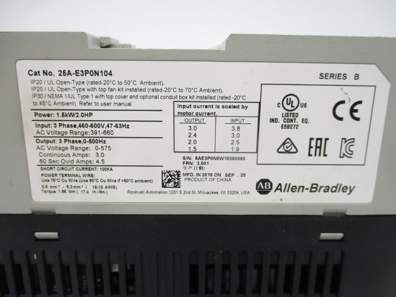 ALLEN BRADLEY 25A-E3P0N104 SER. B F/W 3.001 460-600V UNMP