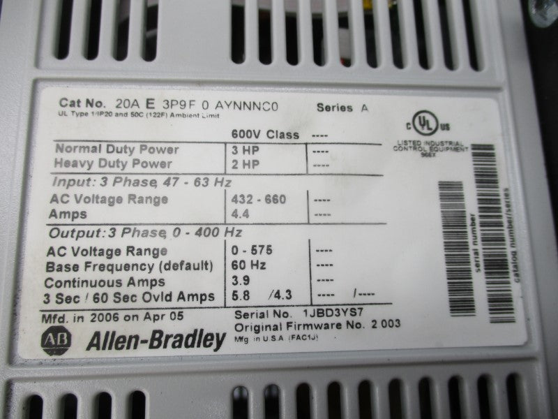 ALLEN BRADLEY 20AE3P9F0AYNNNC0 SER. A F/W 2.003 432-660VAC 4A UNMP