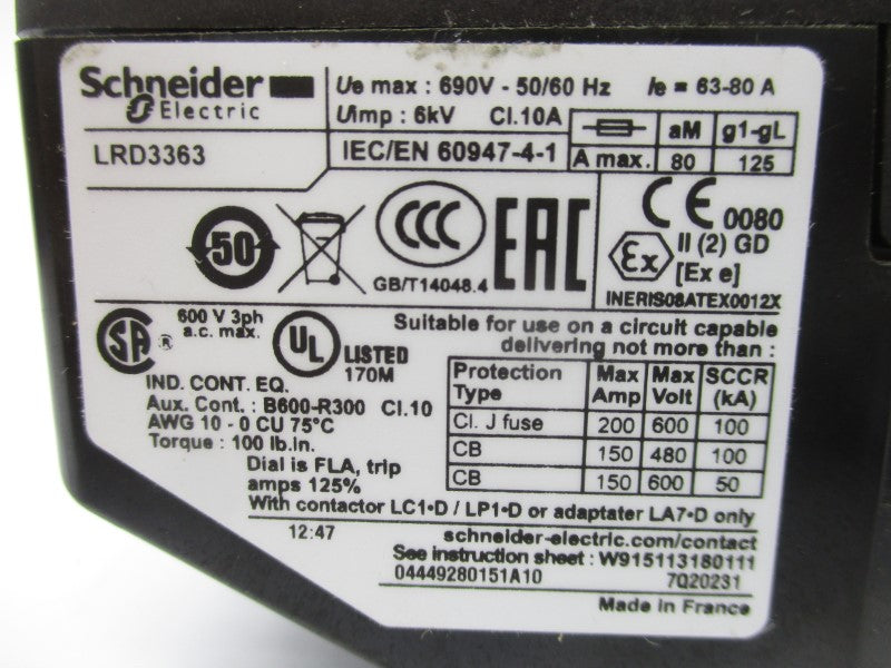 SCHNEIDER ELECTRIC LRD3363 690V 63-80A NSNP