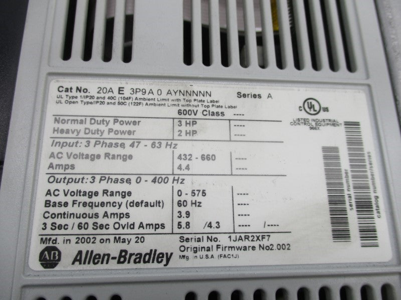 ALLEN BRADLEY 20AE3P9A0AYNNNNN SER. A F/W 2.002 432-660VAC 4.4A UNMP