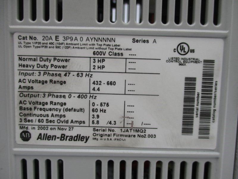 ALLEN BRADLEY 20AE3P9A0AYNNNNN SER. A F/W 2.003 432-660V 4.4A UNMP