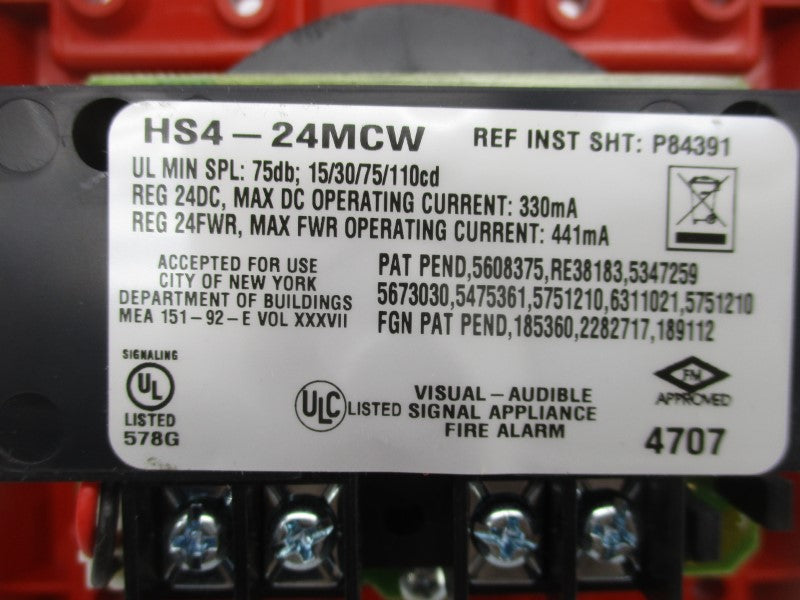 COOPER WHEELOCK HS4-24MCW-FR 123150 24VDC NSMP