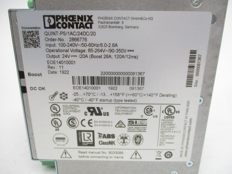 PHOENIX CONTACT QUINT-PS/1AC/24DC/20 2866776 100-240V 6.0-2.6A NSMP