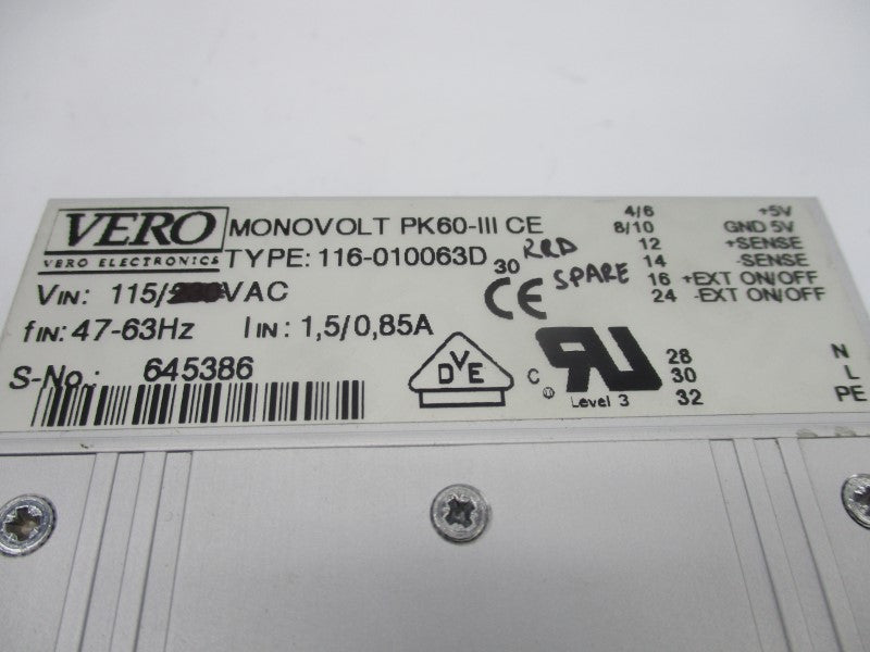 VERO ELECTRONICS 116-010063D 115VAC 1.5A NSMP