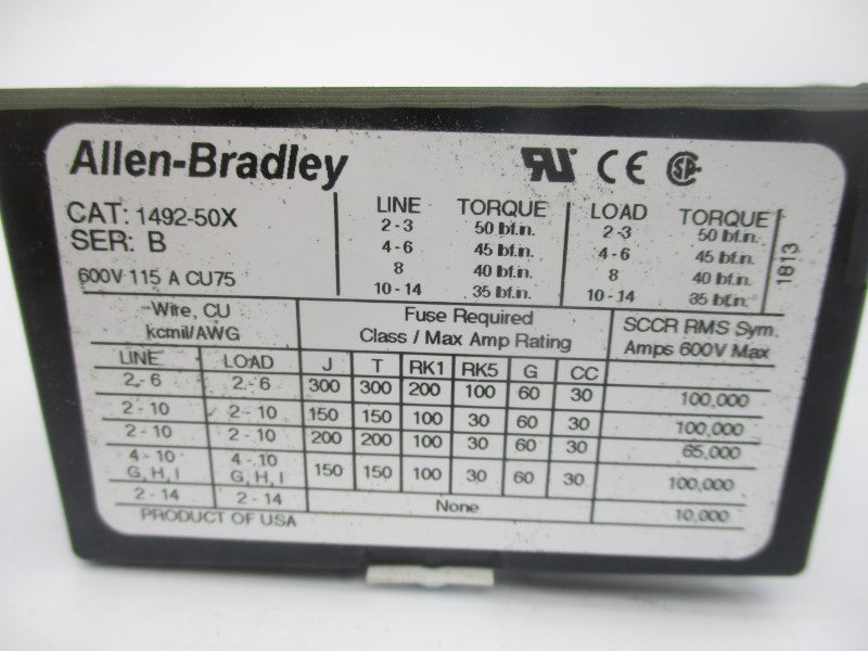 ALLEN BRADLEY 1492-50X SER. B 600V (WH) NSMP