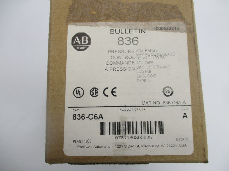 ALLEN BRADLEY 836-C6A SER. A 24-600V 100PSI (BR/WH) NSMP