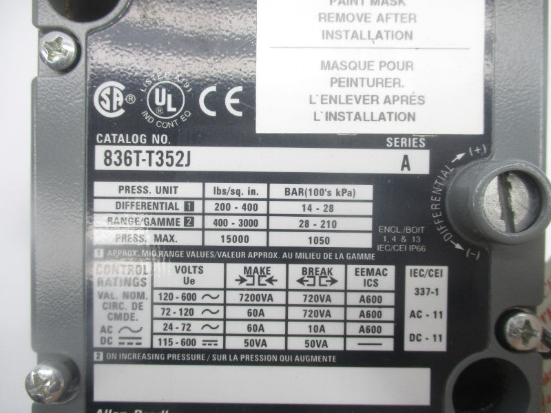 ALLEN BRADLEY 836T-T352J SER. A 600V 15000PSI (W/ DIFFERENTIAL) (BR/WH) NSMP