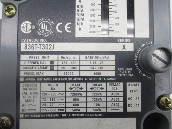 ALLEN BRADLEY 836T-T302J SER. A 120-600VAC 60A 200-3000PSI (BR/WH) NSMP