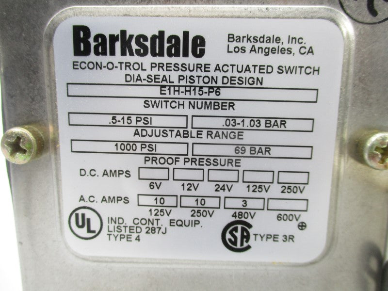 BARKSDALE E1H-H15-P6 480VAC 3A 1000PSI NSMP
