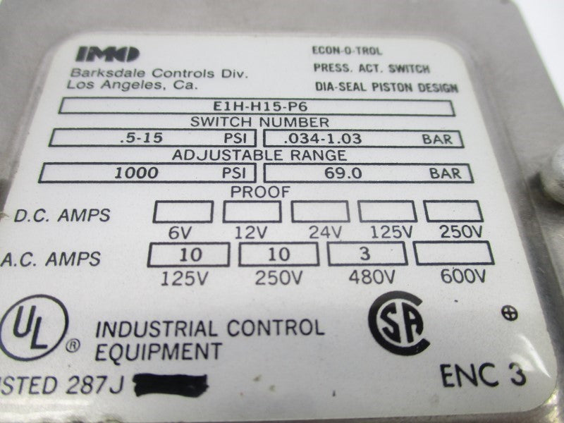 BARKSDALE E1H-H15-P6 480VAC 3A 1000PSI UNMP