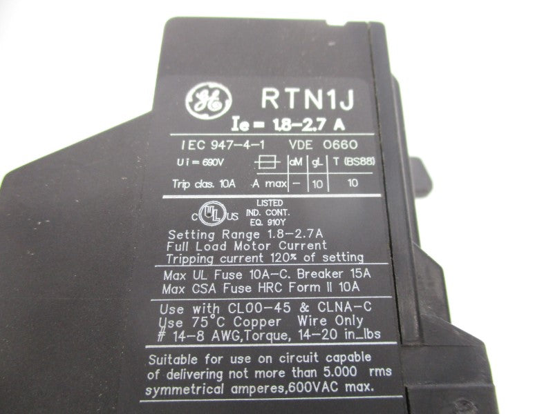 GENERAL ELECTRIC RTN1J 600VAC 1.8-2.7A UNMP