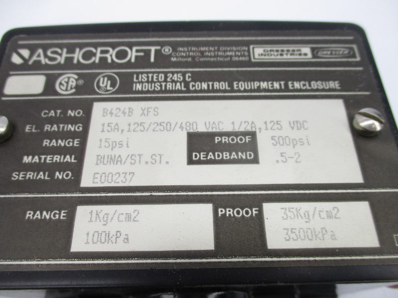 ASHCROFT B424BXFS 480VAC 15A 15-500PSI NSMP