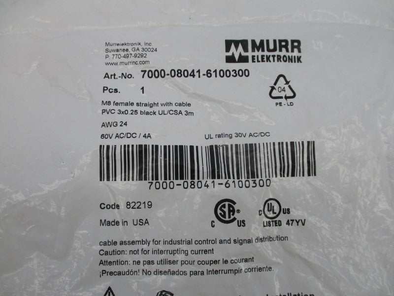 MURR ELEKTRONIK 7000-08041-6100300 60VAC/DC 4A 3M NSMP