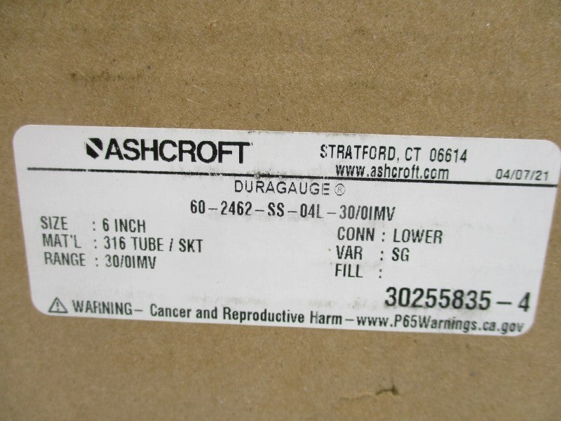 ASHCROFT 60-2462-SS-04L-30/0IMV 30-0 6" NSMP