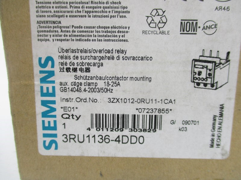 SIEMENS 3RU1136-4DD0 600VAC 18-25A NSMP