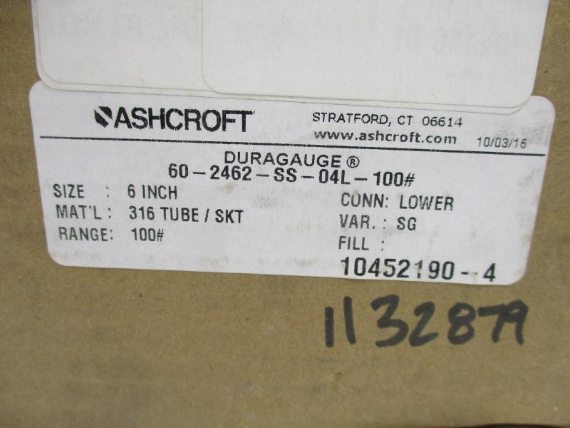 ASHCROFT 60-2462-SS-04L-100# 0-100PSI 6" NSMP