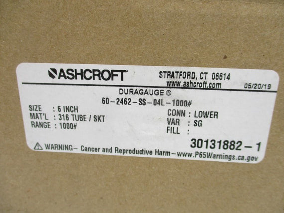 ASHCROFT 60-2462-SS-04L-1000# 0-1000PSI 6" NSMP