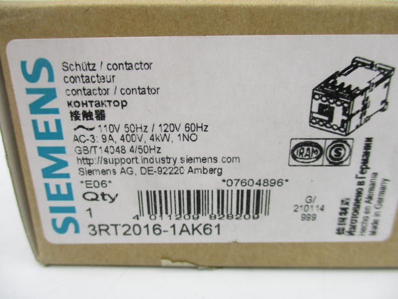 SIEMENS 3RT2016-1AK61 110/120V 9A NSMP