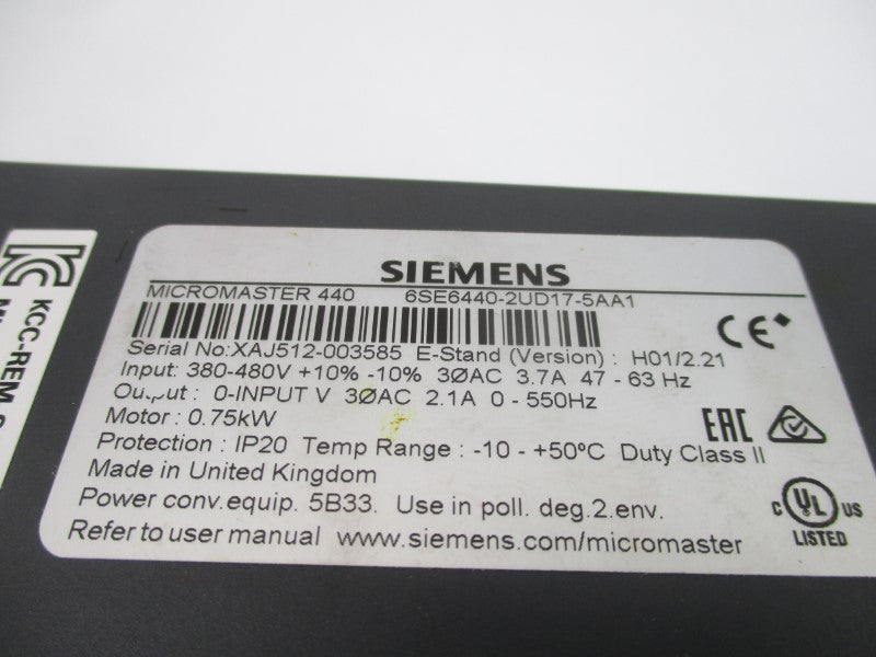 SIEMENS 6SE6440-2UD17-5AA1 380-480VAC 3.7A (AS PICTURED) NSMP