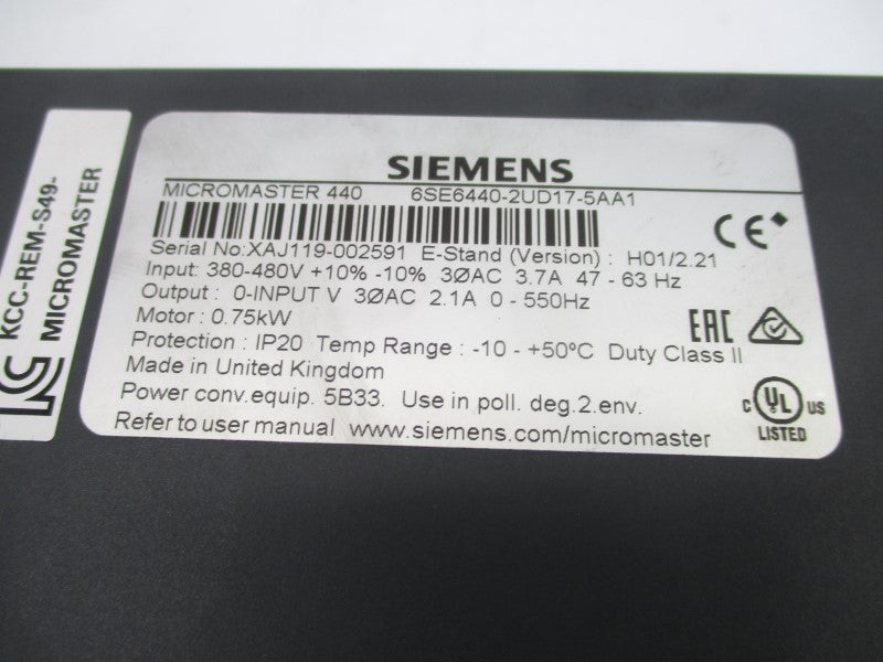 SIEMENS 6SE6440-2UD17-5AA1 380-480VAC 3.7A UNMP