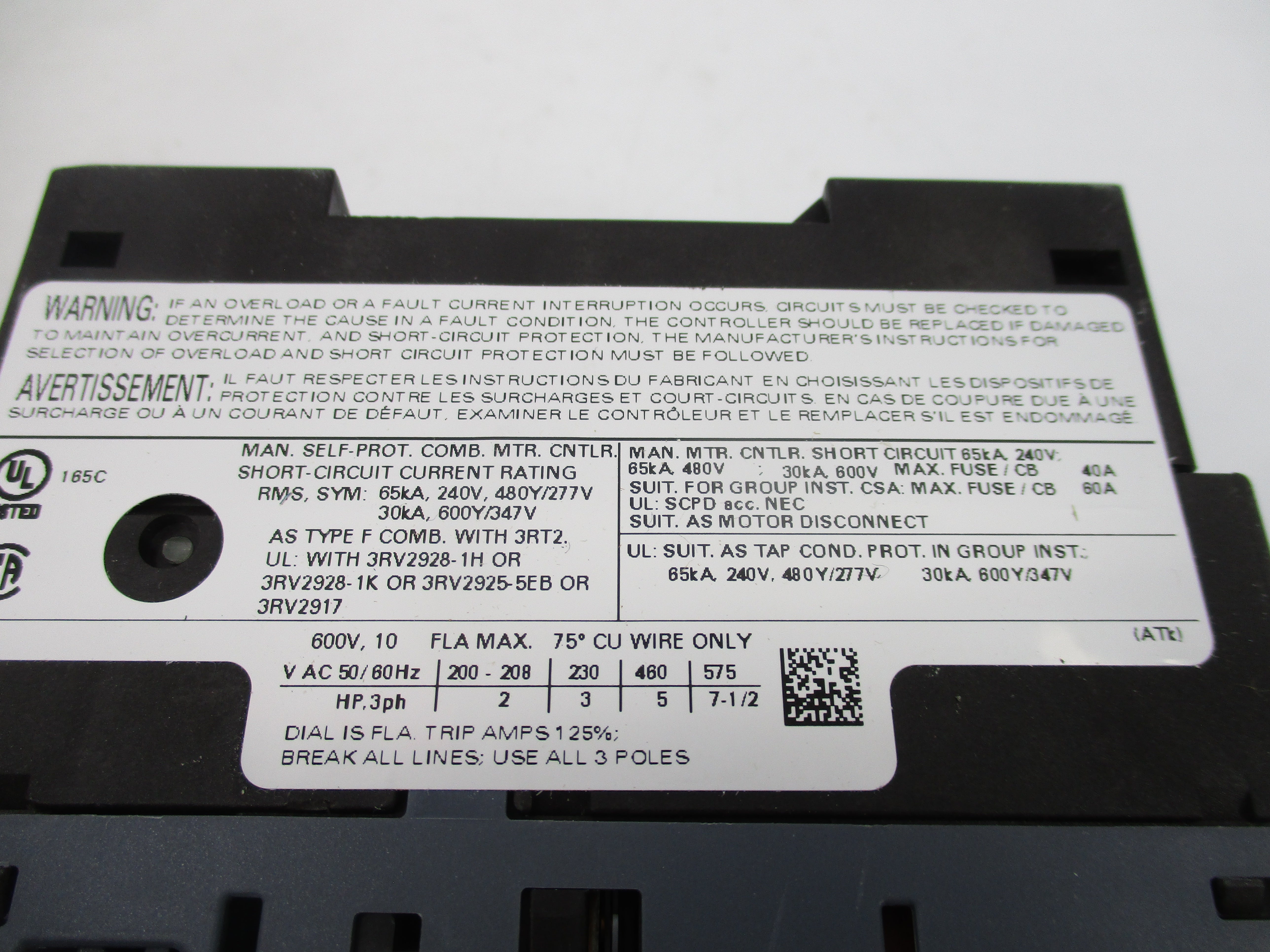 SIEMENS 3RV2021-1JA10 600VAC 7-10A NSMP
