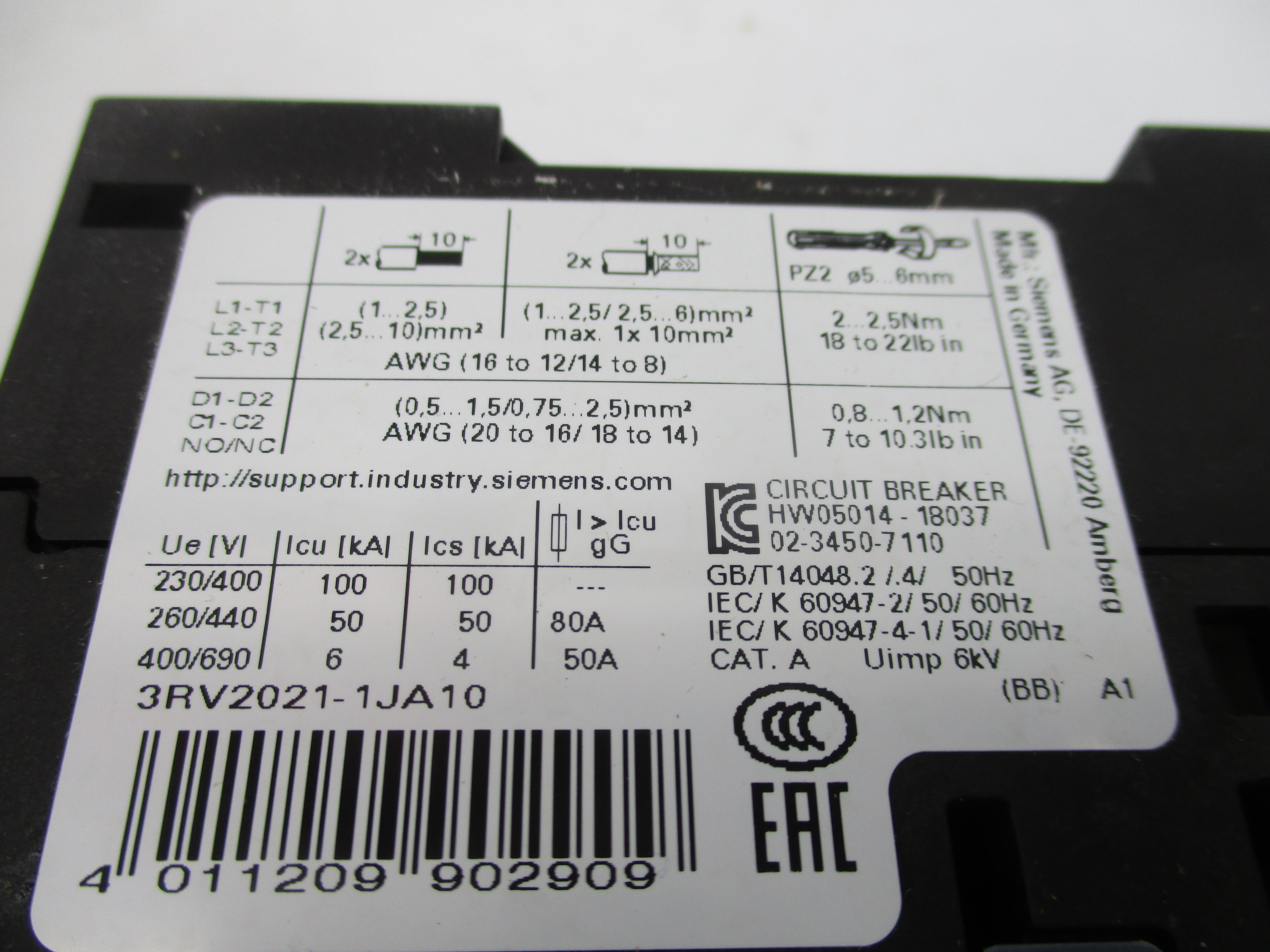SIEMENS 3RV2021-1JA10 600VAC 7-10A NSMP