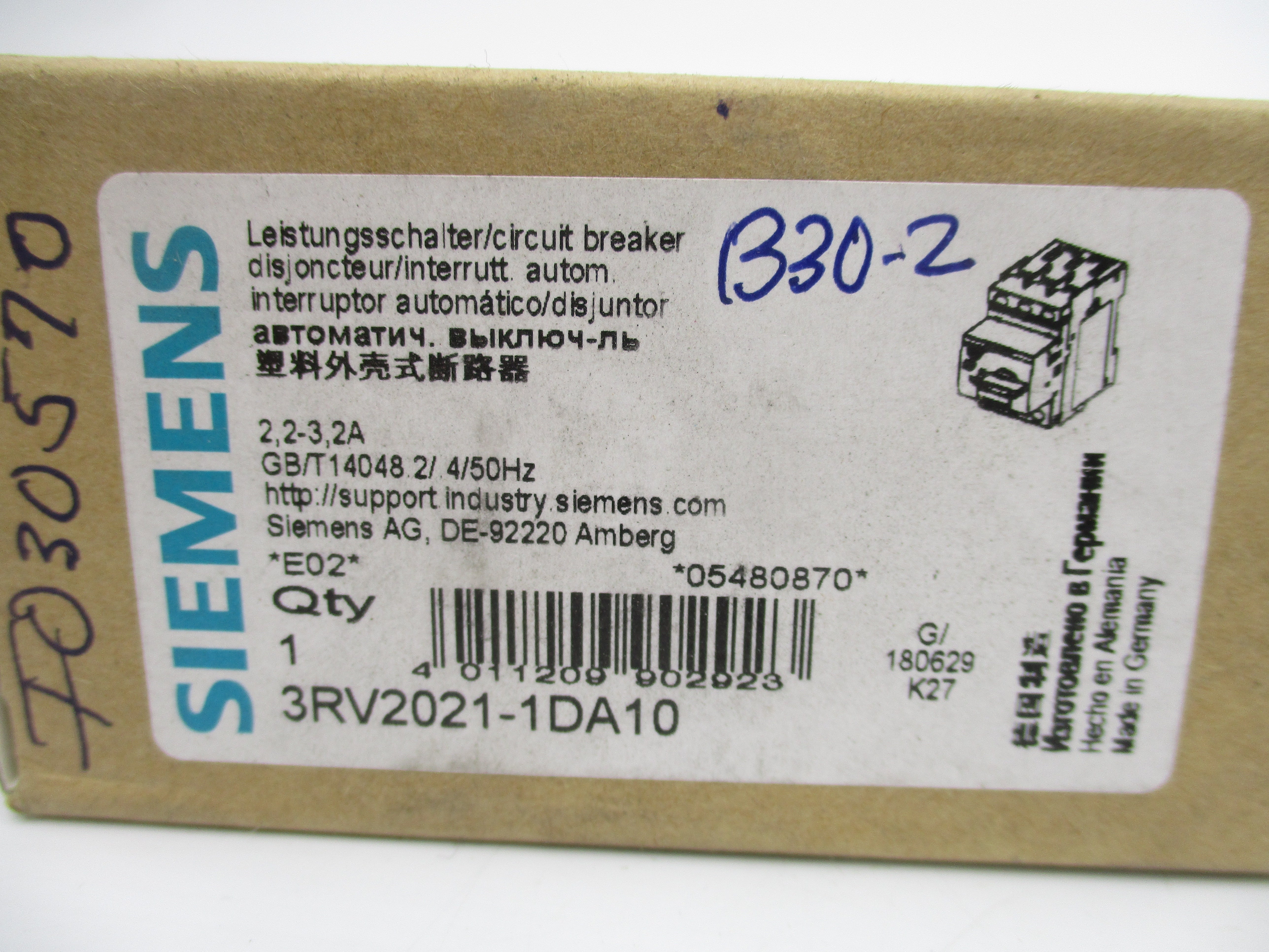 SIEMENS 3RV2021-1DA10 600VAC 2.2-3.2A NSMP