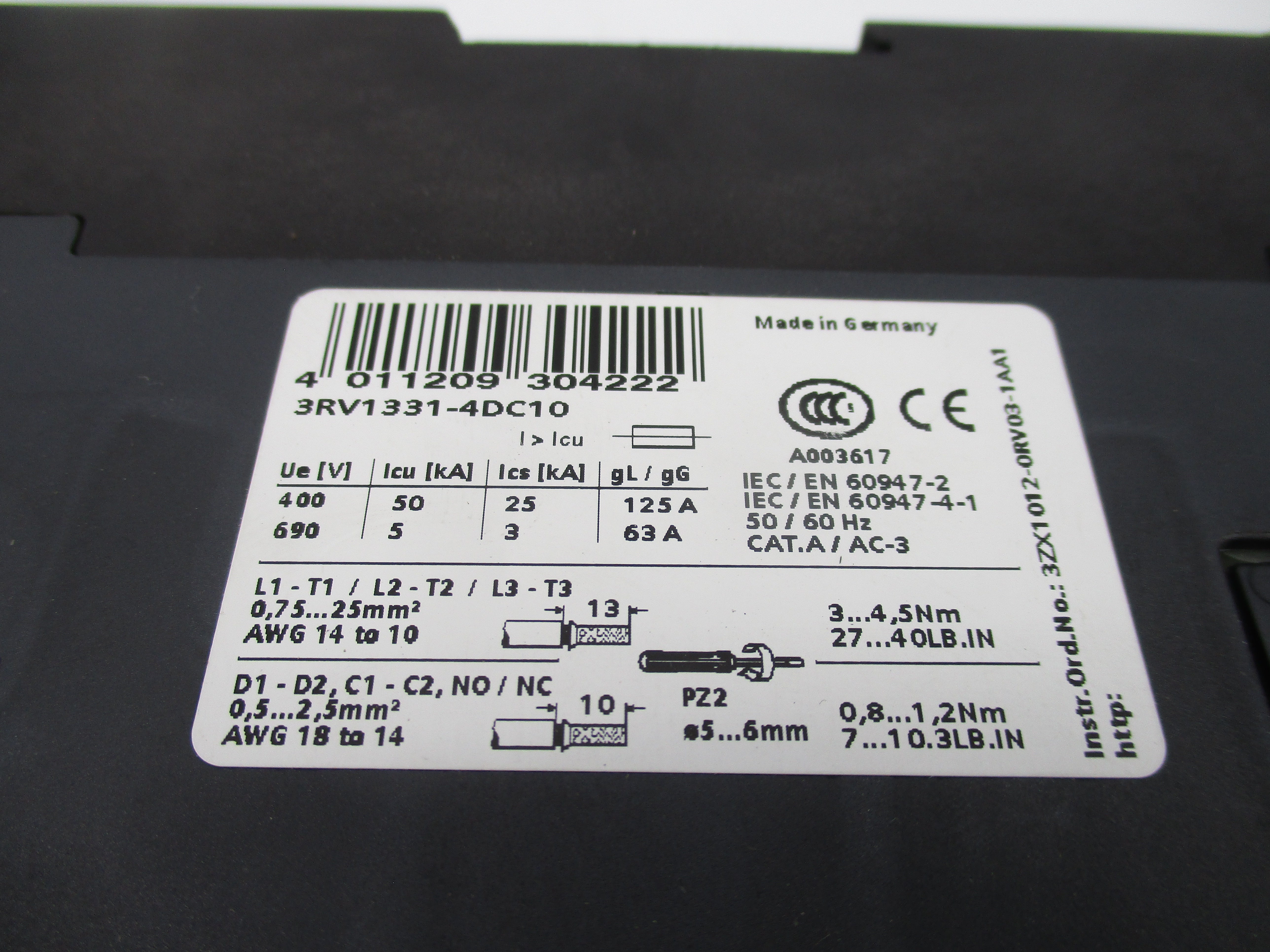 SIEMENS 3RV1331-4DC10 690V 25A NSMP