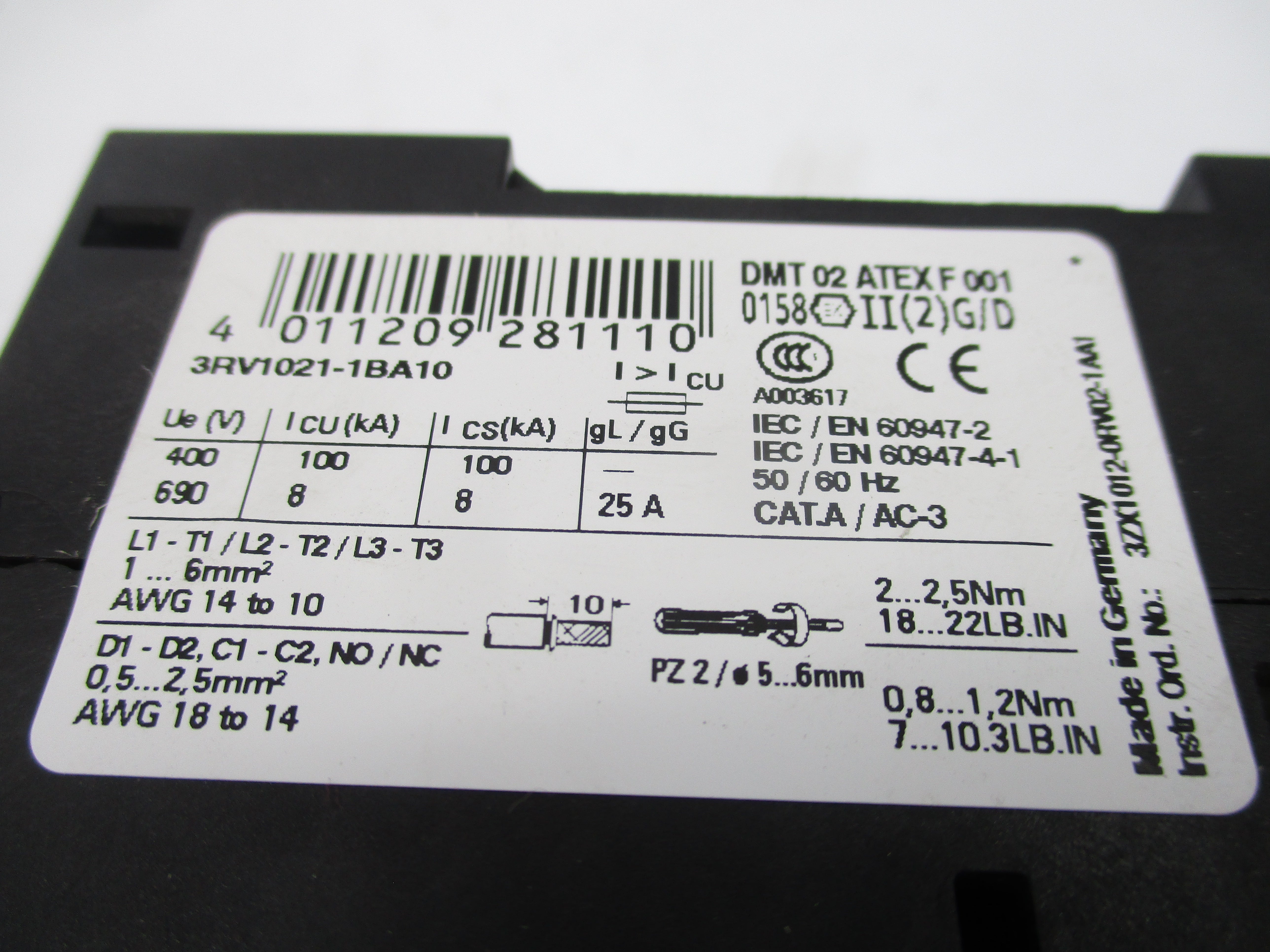 SIEMENS 3RV1021-1BA10 690V 1.4-2A NSMP