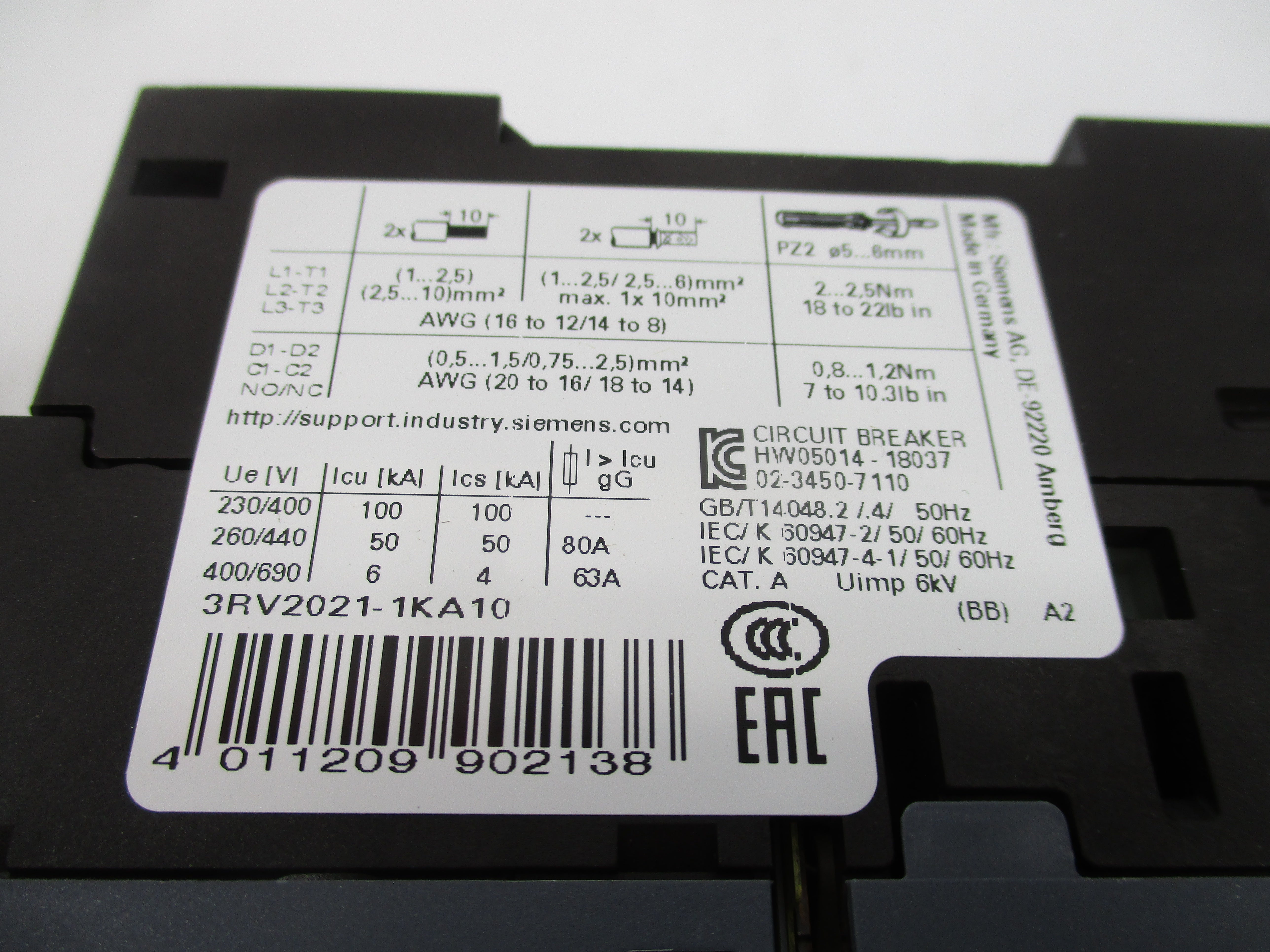 SIEMENS 3RV2021-1KA10 690V 9-12.5A NSMP