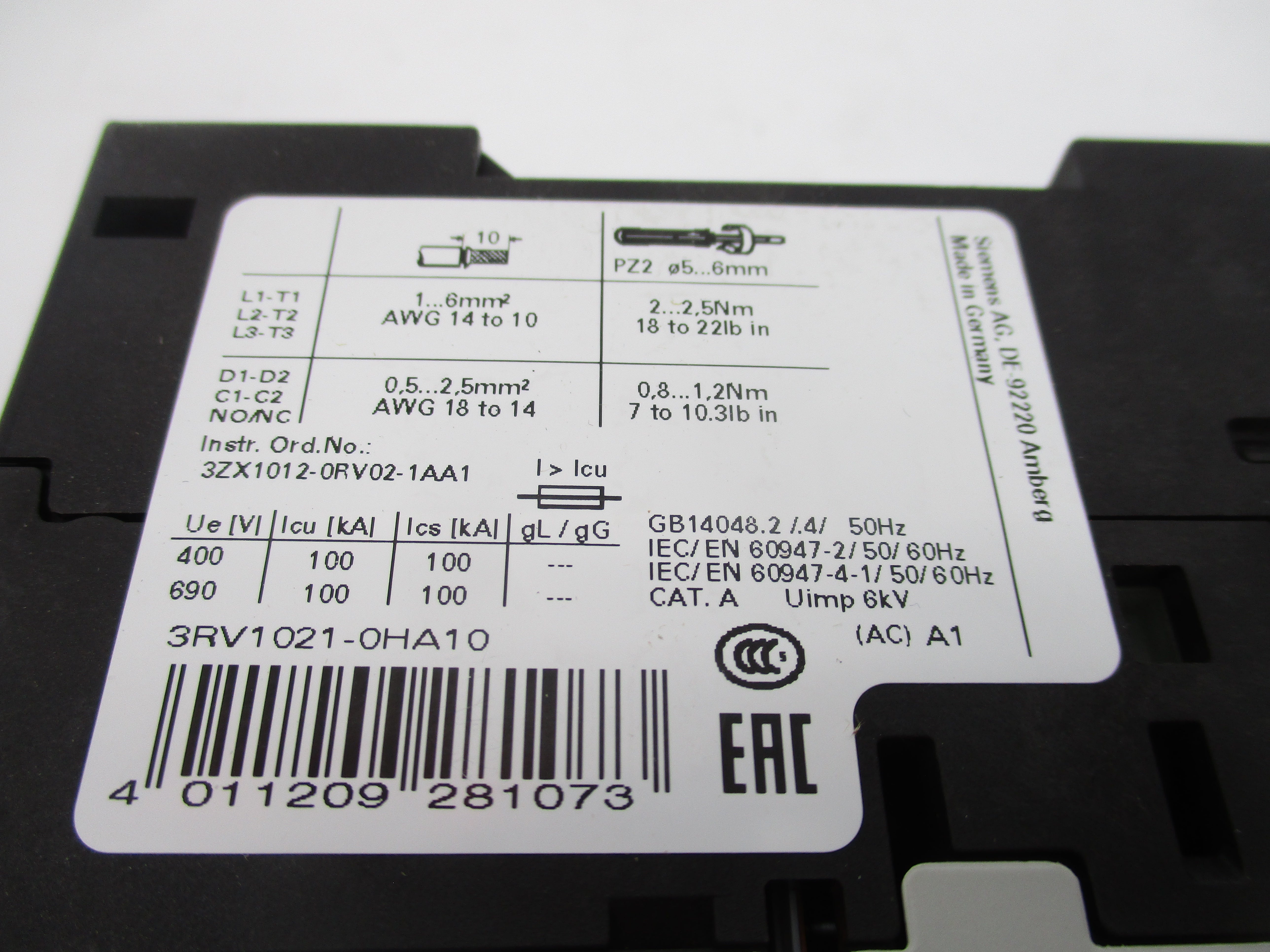 SIEMENS 3RV1021-0HA10 690V 0.55-0.8A NSMP