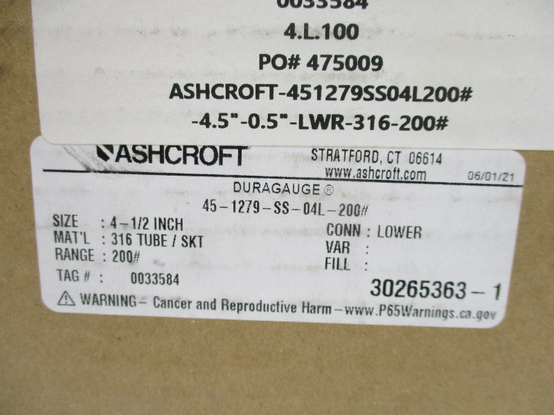 ASHCROFT 45-1279-SS-04L-200# 0-200PSI 4-1/2" NSMP