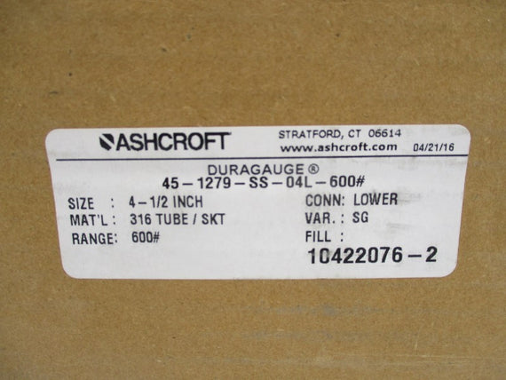 ASHCROFT 45-1279-SS-04L-600# 0-600PSI 4-1/2" NSMP