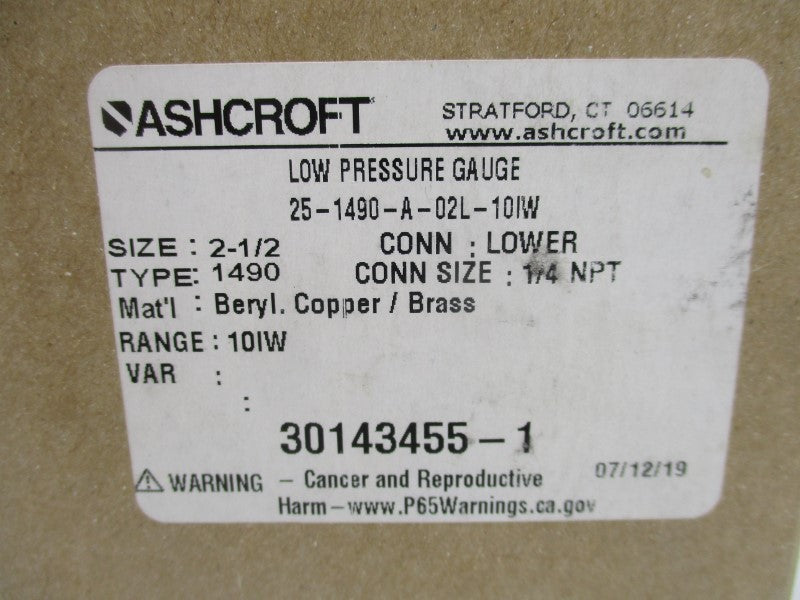 ASHCROFT 25-1490-A-02L-10IW 0-10IW 2-1/2" NSMP