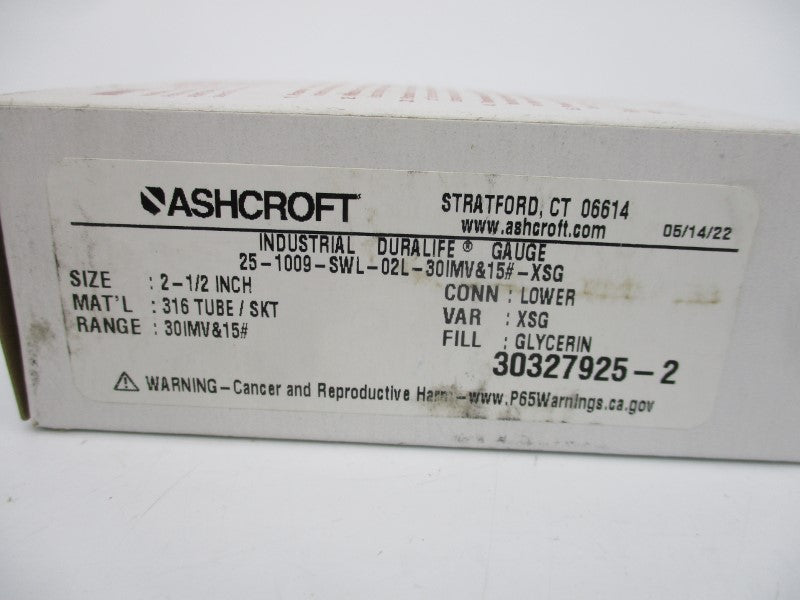 ASHCROFT 25-1009-SWL-02L-30IMV&15#-XSG -30-15PSI 2-1/2" NSMP