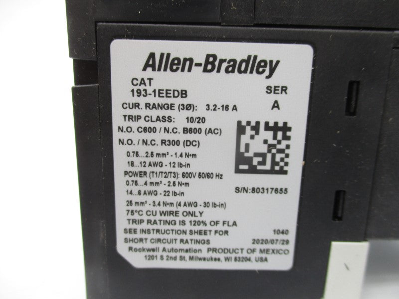 ALLEN BRADLEY 193-1EEDB SER. A 600V 3.2-16A (BR/WH) NSMP
